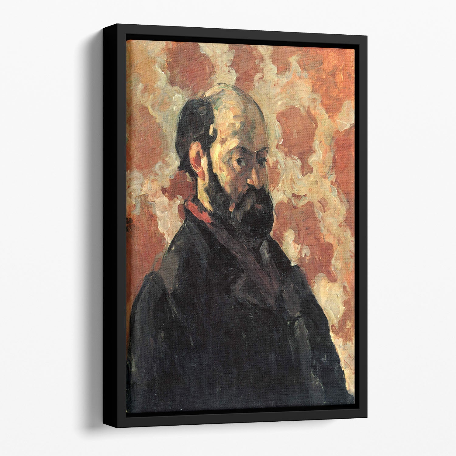 Floating framed canvas of Cezanne's self-portrait with a rose background, showcasing vibrant colors and elegant design.